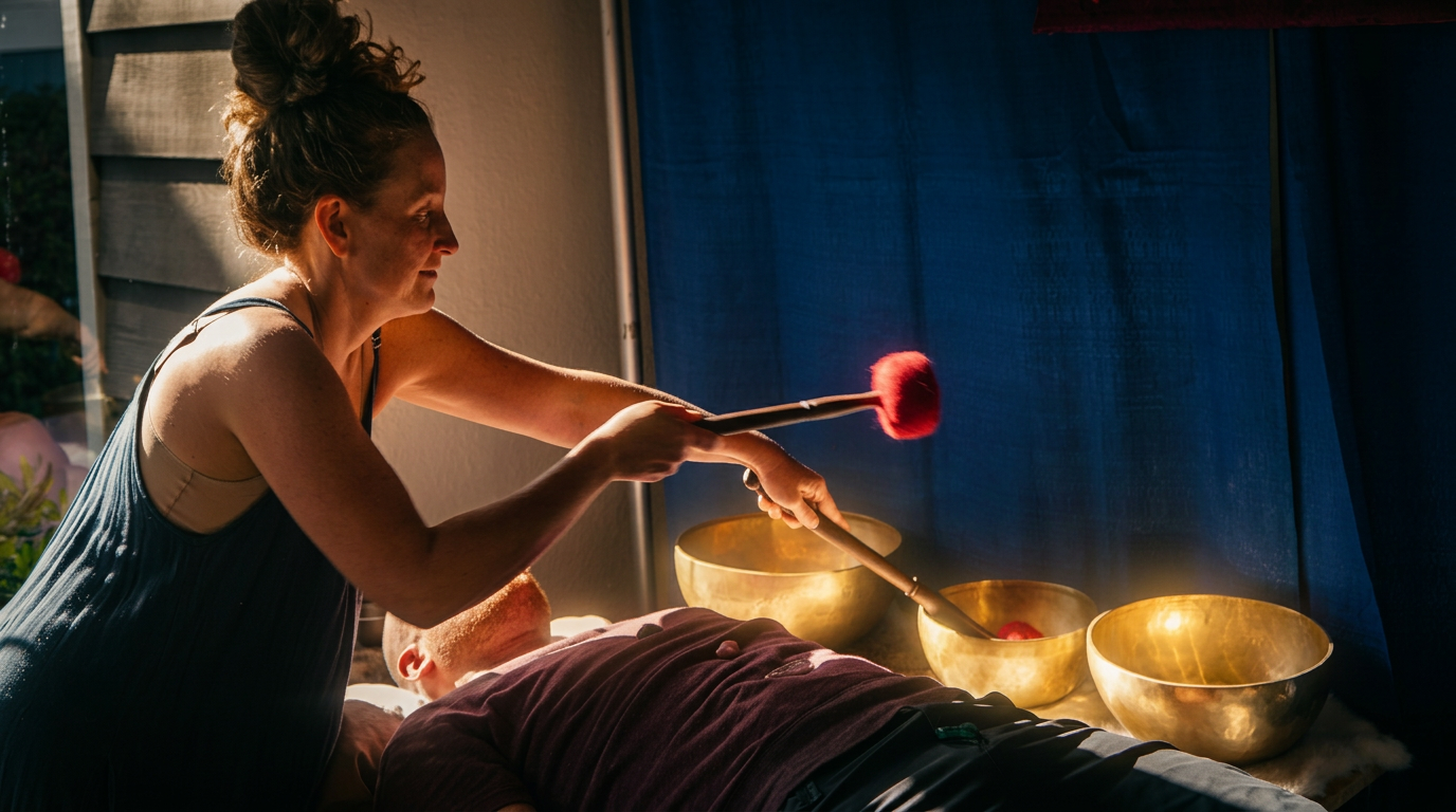 A sound healer playing singing bowls during a session at the expo