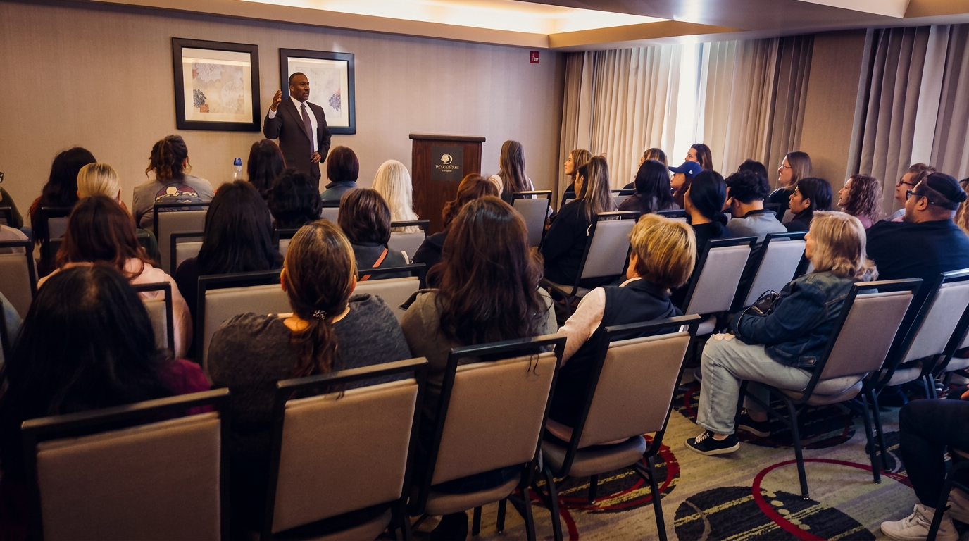 A packed speaker session with a diverse audience at the expo