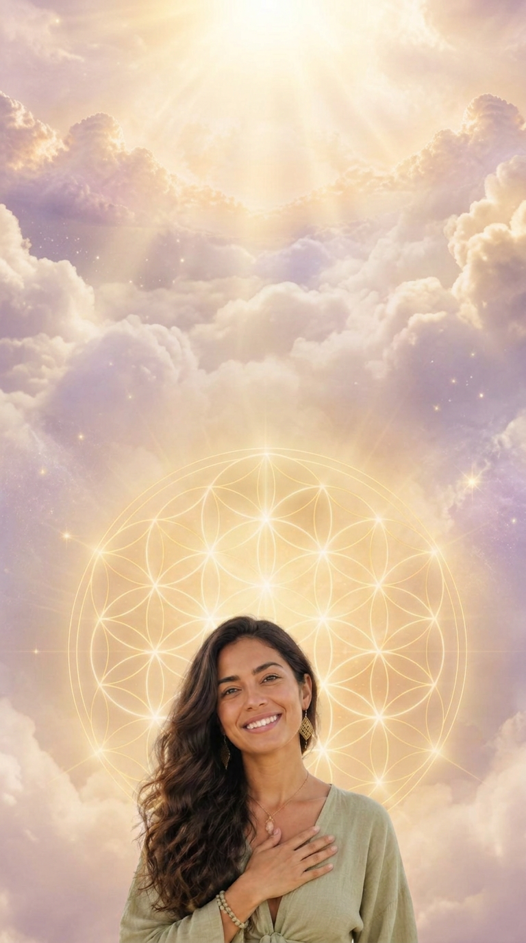 A smiling Latina woman in sage linen before a golden sacred geometry mandala